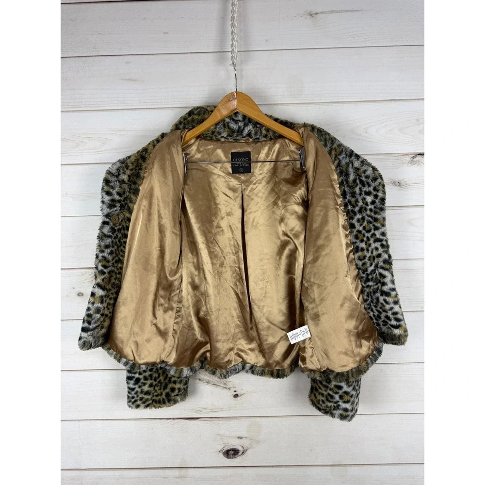 Ci Sono Jacket Womens Large Brown Black Animal Print Leopard Faux Fur